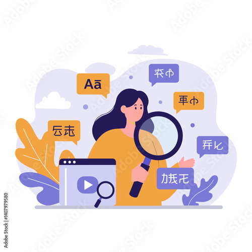 Woman using Magnifying Glass for Language Translation: A young woman uses a magnifying glass to examine various words in different languages, symbolizing language learning, translation.