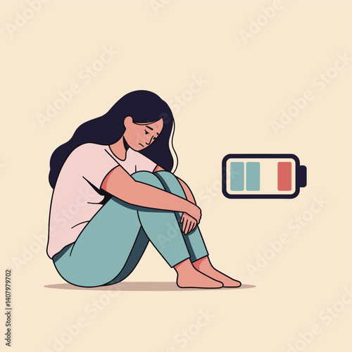 Emotional Exhaustion: A poignant depiction of a woman seated, head bowed, next to a visual representation of low energy and burnout. The image symbolizes feelings of fatigue.
