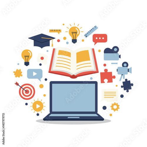 E-learning in the Modern Age: A visual representation of learning, with a laptop as the central point, symbolizing the modern way of education with associated elements around it.