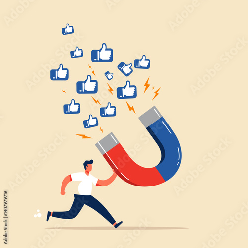 Attracting Likes: A dynamic illustration of an individual using a powerful magnet to draw in social media "like" symbols, symbolizing the concept of engagement and online popularity.