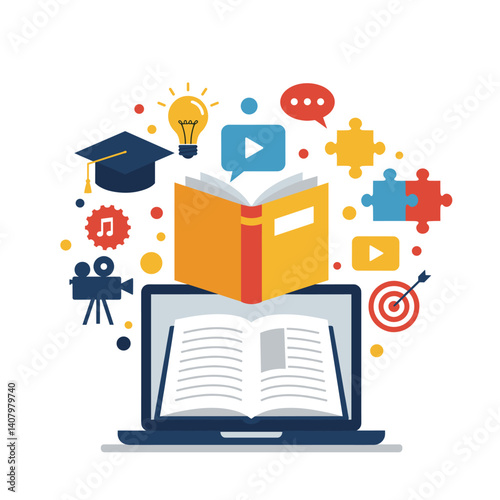 Online Learning: Depicting the modern educational landscape, a laptop, symbolizes the hub of knowledge with an open book, academic elements, and multimedia icons.