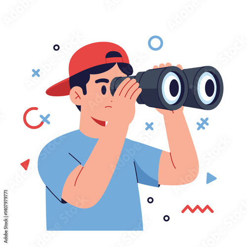 Curious Explorer with Binoculars: An enthusiastic young person, donned in casual wear, peers intently through binoculars, hinting at a world of adventure, exploration, and the thrill of discovery.