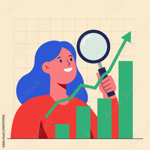 Rising Above: A determined woman uses a magnifying glass to analyze a growing graph, a visual metaphor for business progress, vision, and strategic planning.