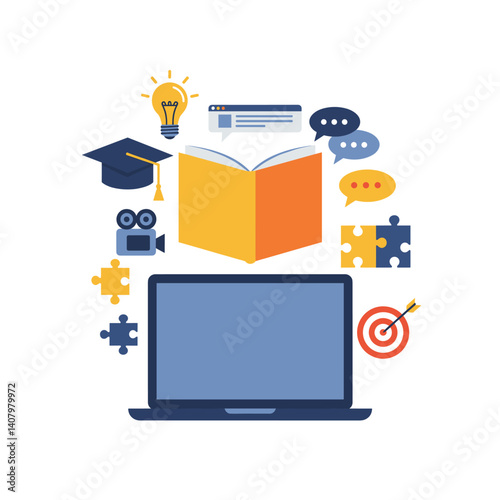 Digital Learning: A collection of icons representing education, knowledge, and learning through technology, including open book, laptop, and other digital education elements.