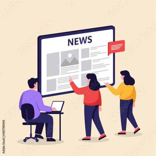 Digital News Team Collaboration: A dynamic team collaborates, pointing and discussing news article elements on a digital screen, bringing the latest headlines.