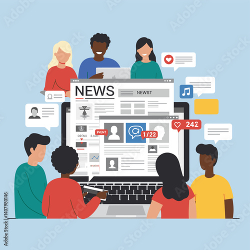 Digital News Collective: A diverse group of individuals gather around a laptop screen displaying the latest news and social media updates.