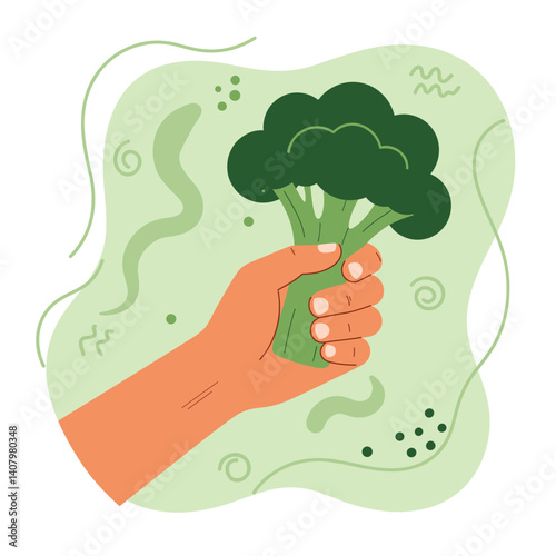 Broccoli grasped by hand:  A simple illustration showcases a hand firmly gripping a fresh, vibrant broccoli floret, symbolizing healthy eating and the bounty of nature.