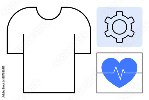 Minimalist design of a t-shirt outline next to a gear icon for customization and a heart with heartbeat monitor symbol. Ideal for health monitoring, wearable technology, fitness, customization