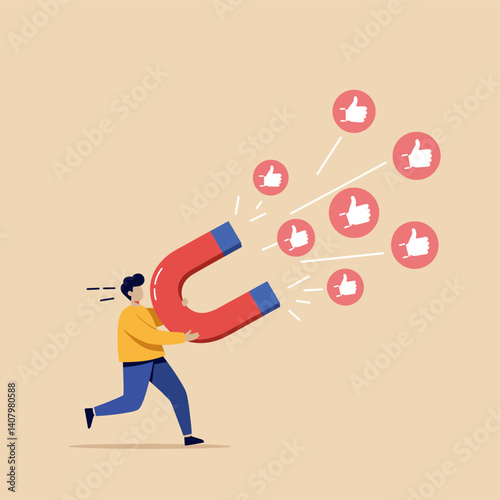 Digital Attraction: An illustration of a person magnetizing social media 'likes' with a horseshoe magnet. A whimsical portrayal of online popularity and engagement.