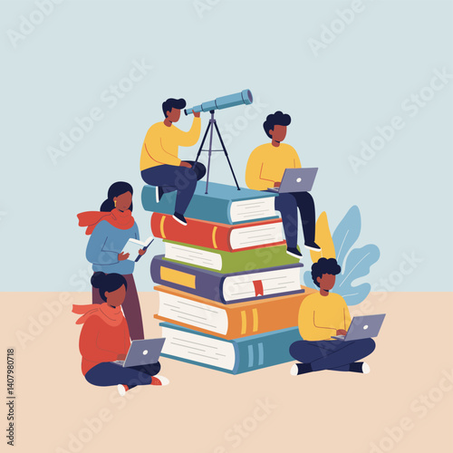 Knowledge Explorers:  A group of people, each engrossed in their own pursuits, gather atop a stack of knowledge, symbolising exploration. One peers through a telescope, while others study.