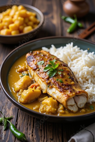 Delicious Fish Curry with Rice and Potatoes Aromatic Indian Cuisine