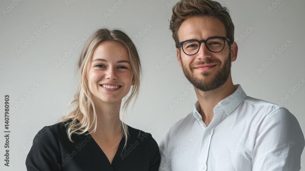 Professional couple smiling confidently in a modern studio during a bright afternoon Professional couple smiling confidently in a modern studio during a bright afternoon