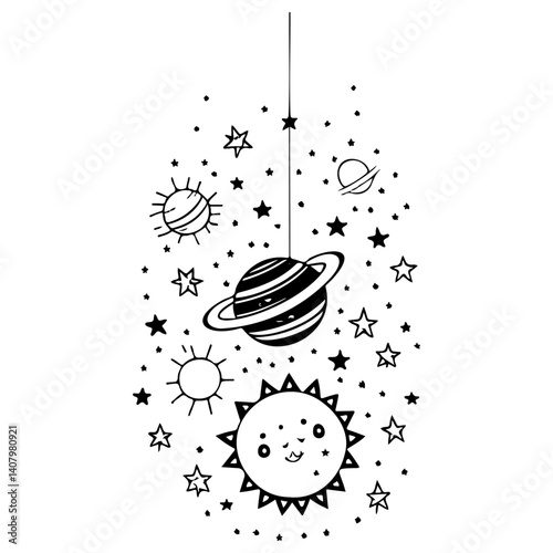 Whimsical Celestial Mobile with Hanging Planet