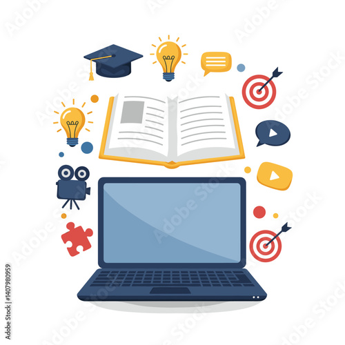Digital Learning Ecosystem: Conceptual illustration of online education, merging elements of academia, technology, and creative knowledge.