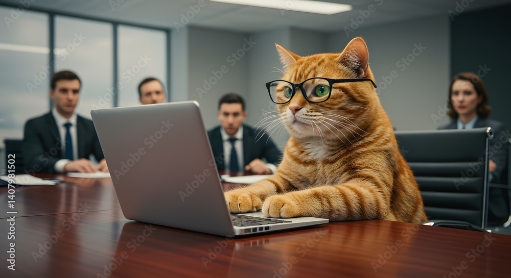 An adorable ginger cat in glasses works on a laptop in a business meeting with others. An adorable ginger cat in glasses works on a laptop in a business meeting with others.