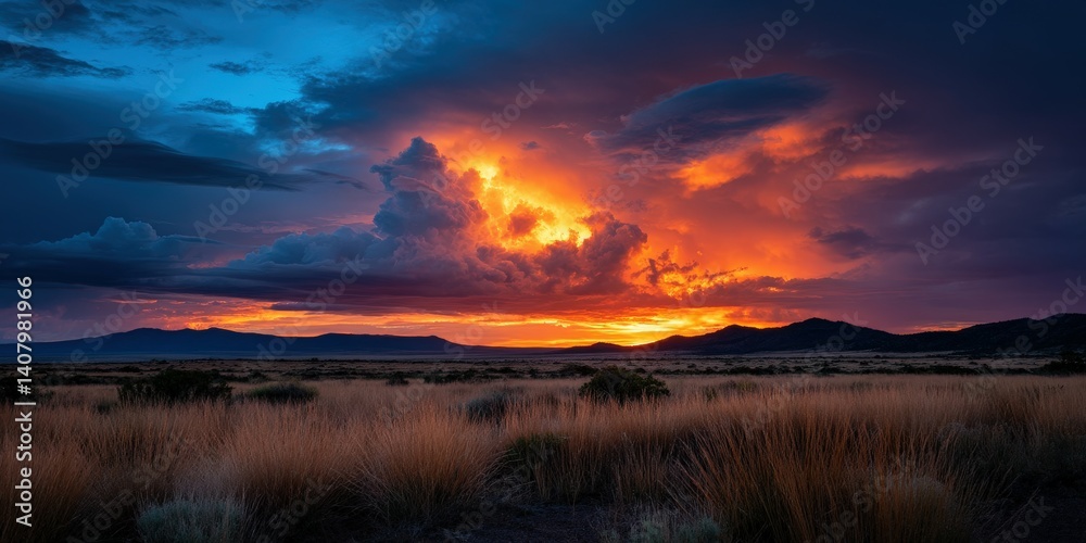 Fototapeta premium Dramatic sunset over the desert landscape with clouds