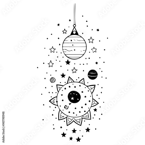 Celestial Line Art of Hanging Planets and Stars