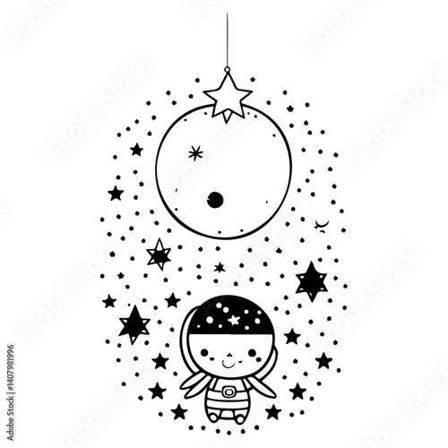Cute Astronaut with Moon and Stars Hand Drawing