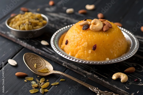 Vibrant Rava Kesari Dessert on Black Wooden Background with Traditional Garnish
