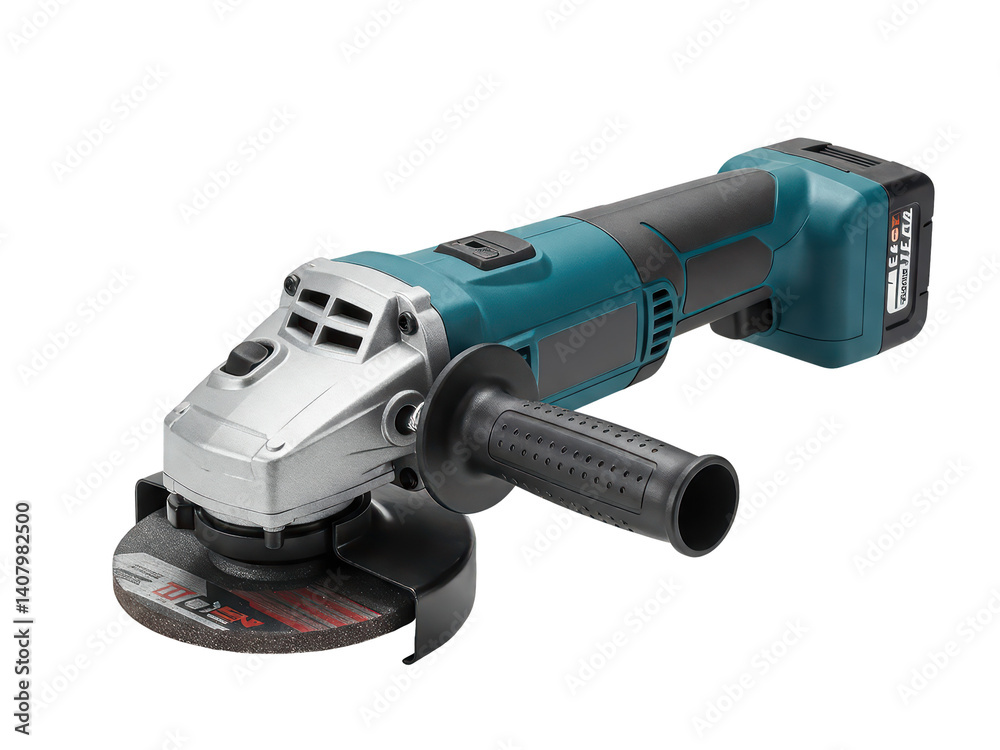 A cordless angle grinder with a slightly worn disc, placed on transparent background. A cordless angle grinder with a slightly worn disc, placed on transparent background.