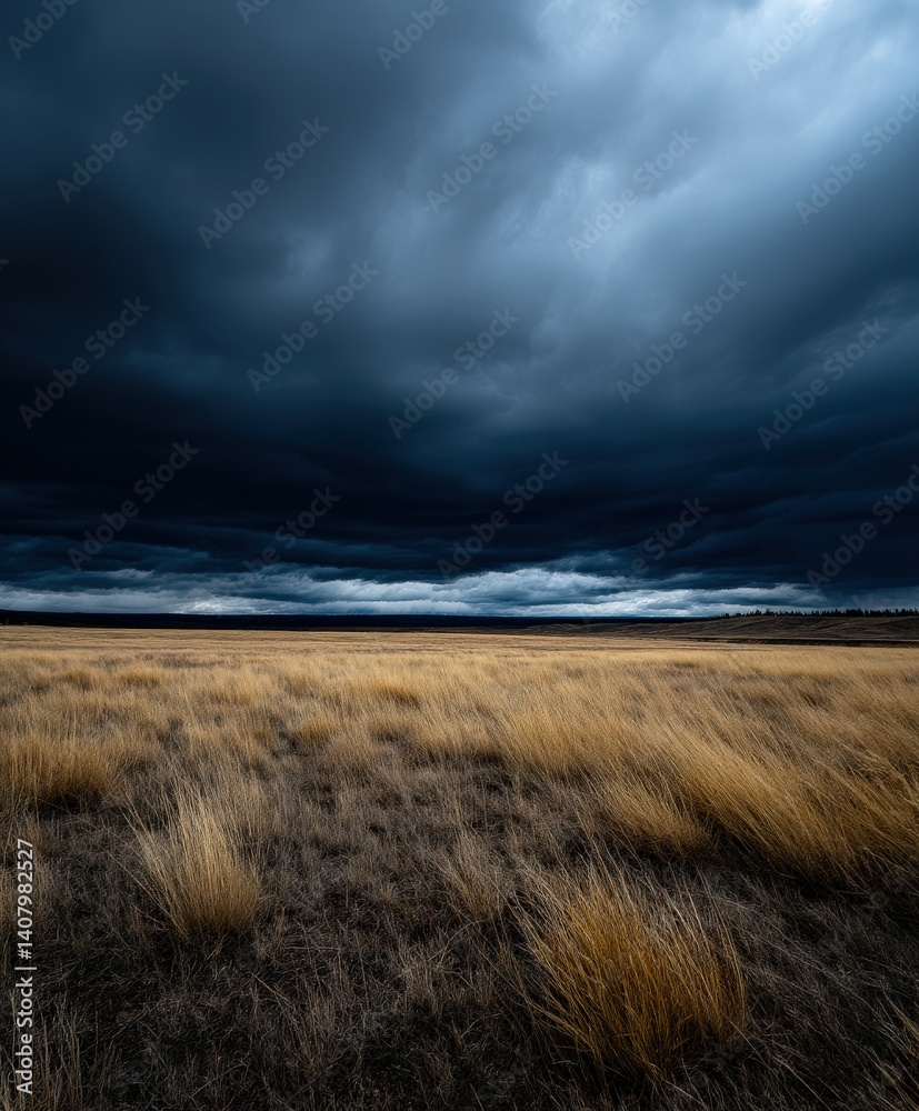 Dark clouds loom over golden grassland at dusk