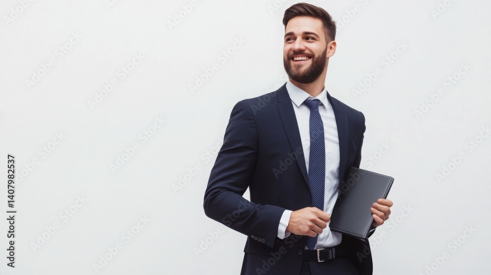 Confident businessman smiling while holding a tablet in a modern office environment Confident businessman smiling while holding a tablet in a modern office environment