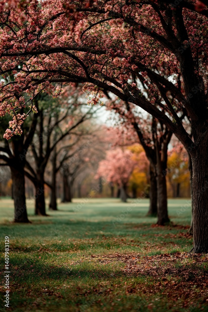 Fototapeta premium Blossom-laden trees in a serene spring park landscape