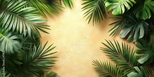Lush green palm leaves frame a warm yellow background for tropical decor or nature themes