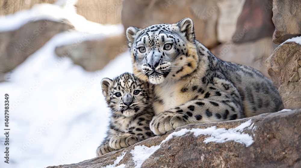 Fototapeta premium Adorable Snow Leopard Mother and Cub Resting on Rocks in Snowy Habitat