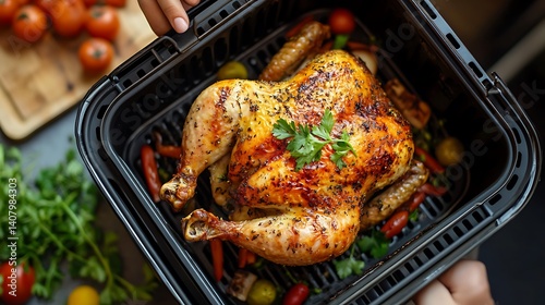 Roasted Whole Chicken with Parsley and Vegetables in Air Fryer basket meal