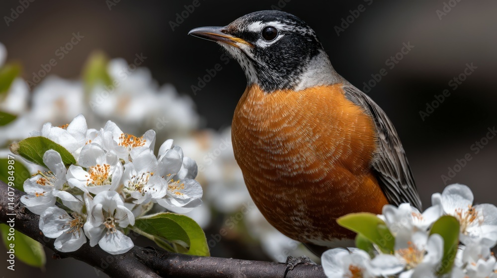 Robin perched on blooming branch during springtime Robin perched on blooming branch during springtime