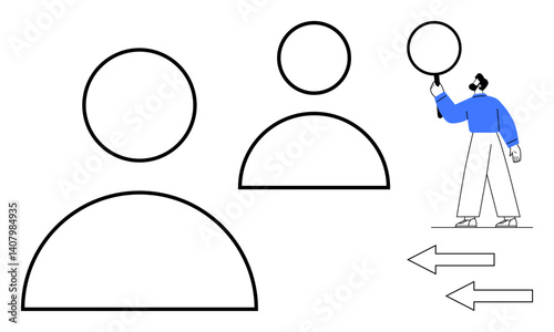 Abstract user profiles in different sizes, a figure pointing to interaction signs, and directional arrows. Ideal for digital communication, networking, connectivity, UXUI, teamwork, management