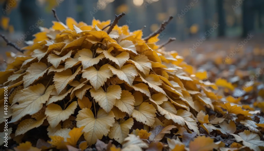 Obraz premium Golden Autumn Leaves Covering Plant in Forest Natural Landscape Photography