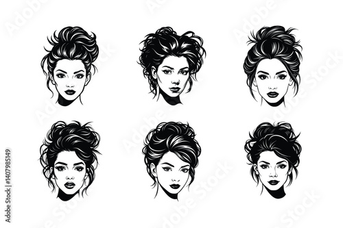 woman face messy hair bun vector art silhouette