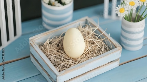Close-up of pale yellow Easter egg resting on straw in rustic blue wooden box