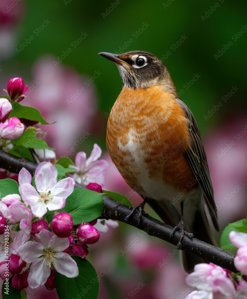 Robin perched on branch surrounded by spring blossoms Robin perched on branch surrounded by spring blossoms