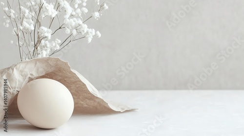 Soft beige egg placed under textured paper with delicate white flowers on a minimal background