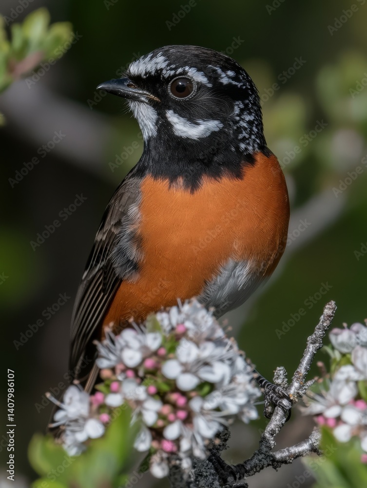 Fototapeta premium Colorful robin perched among spring blossoms