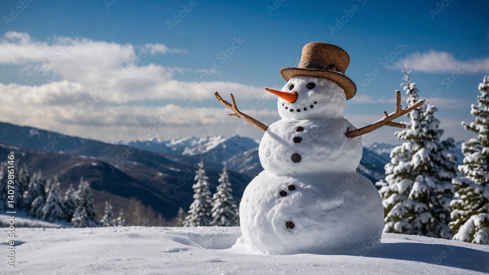 Obraz premium View of snowman with winter landscape and snow