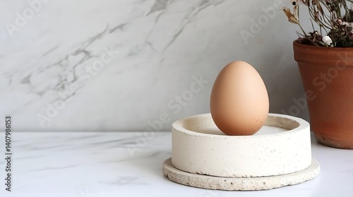 Minimalist photo of a cream egg in a circular concrete bowl with plant nearby