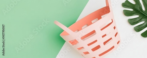 Pastel pink basket on green and white background with tropical leaf decor