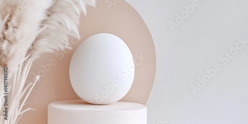 White egg on pedestal in soft pastel setting with pampas grass and minimal decor
