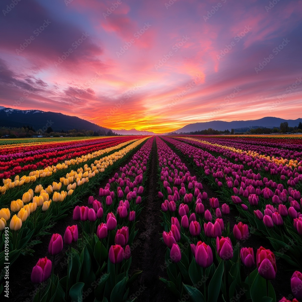 Naklejka premium Vibrant tulip fields at sunset in springtime