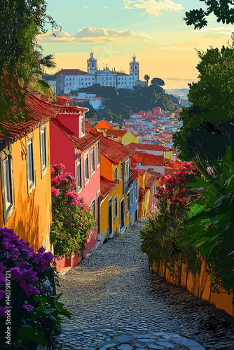 Colorful vector illustration of a steep cobblestone street in Lisbon, lined with vibrant houses and flowers, leading to a historic building in the distance under a soft sunset sky