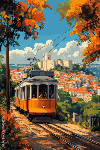 Vector illustration of a Lisbon tram passing through a scenic viewpoint with São Jorge Castle in the background. Bright autumn colors and clear sky create a vibrant urban landscape