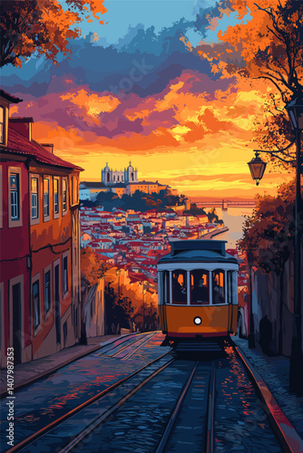 Vector illustration of a Lisbon tram descending a steep street at sunset. Warm autumn colors and dramatic sky create a stunning and nostalgic cityscape view of Portugal's capital