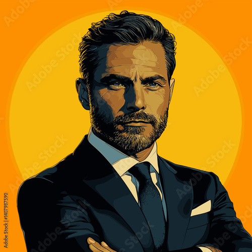 Confident man in a dark suit illustrated in vector art style, standing with arms crossed against a bold orange and yellow circular background. Stylish and strong appearance