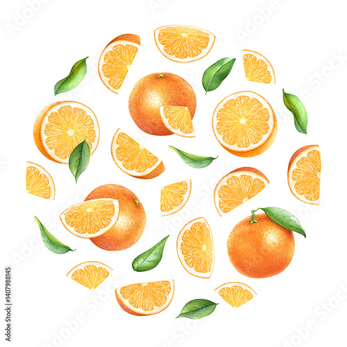 Circular design with watercolor realistic orange fruits with fruit parts, slices and green leaves