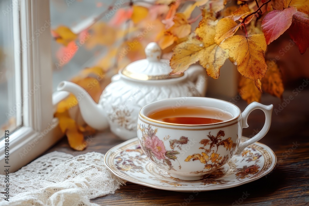 Vintage bone China teapot with a cup of tea