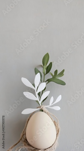 Beige egg wrapped with twine and decorative leaves against a soft gray wall
